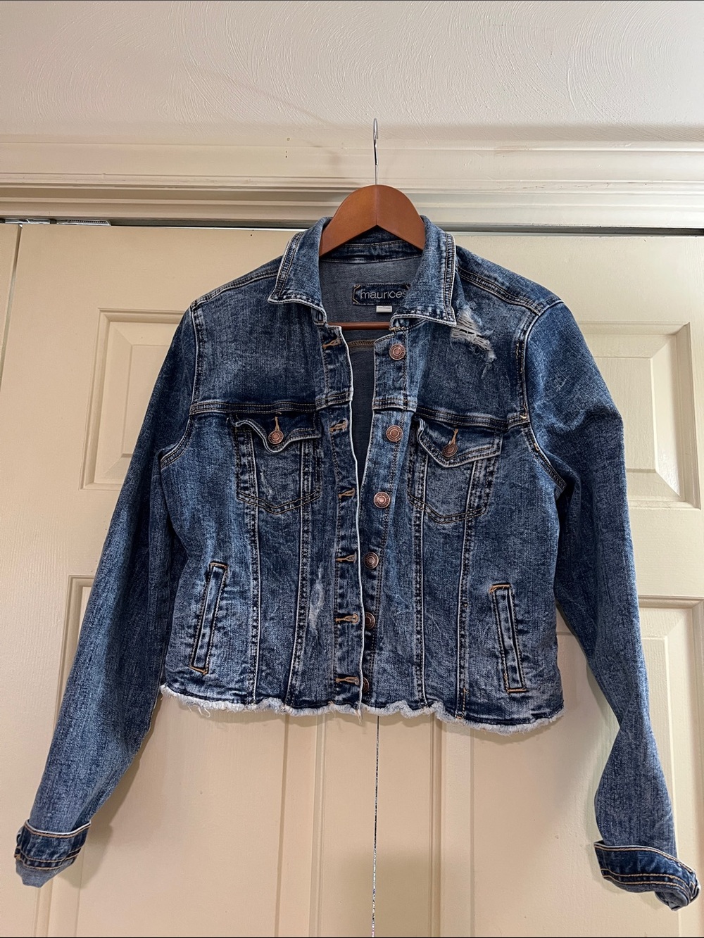 Maurices Distressed Jean Jacket with Some Stretch Flap Pockets Raw Hem